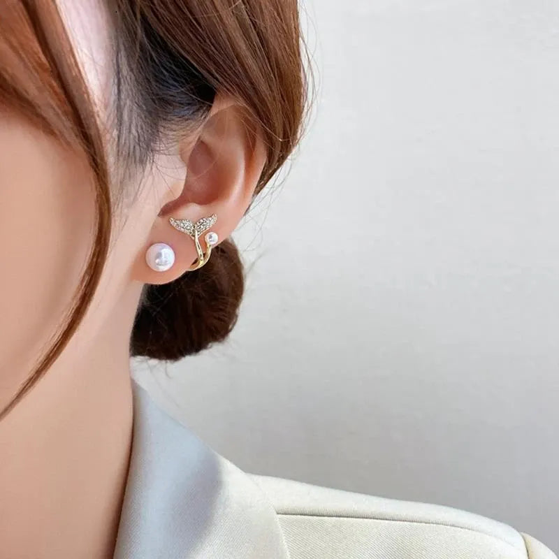 Fish Tail Pearl Earrings, Crystal Imitation Pearl Sweet Earring, Charming Crystal Stud Earrings, Elegant Mermaid Tail Shape Pearl Earrings Fish Tail Pearl Earrings, Crystal Imitation Pearl Sweet Earring, Charming Crystal Stud Earrings, Elegant Mermaid Tail Shape Pearl Earrings